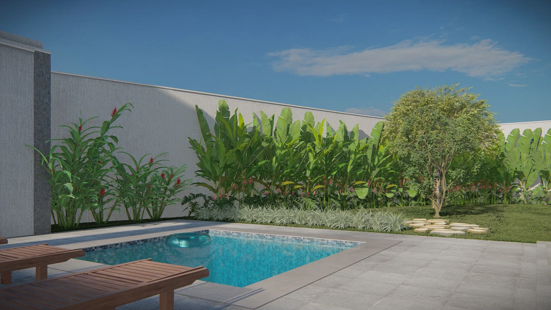 Rectangular pool with timber loungers and a screen of banana plants and red heliconias against the white wall, with stepping stones on the lawn