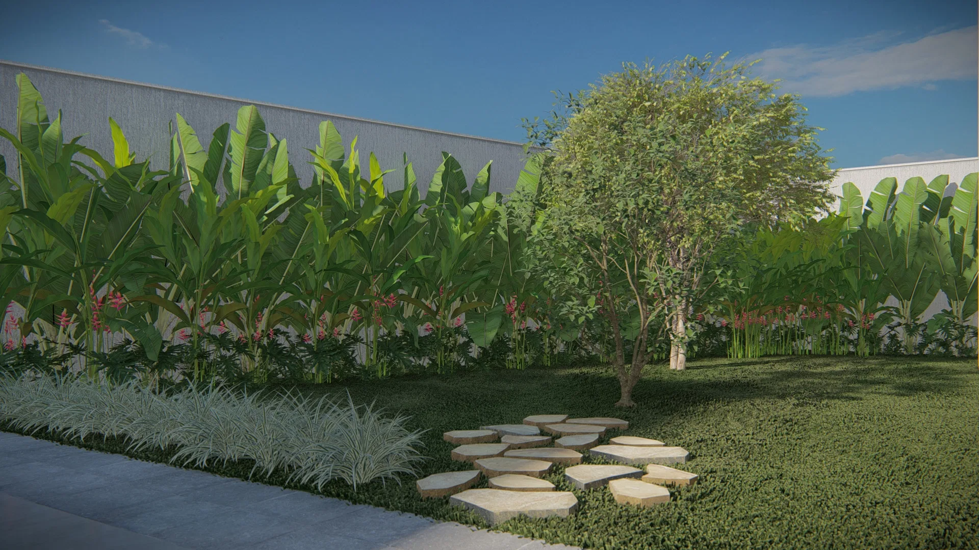 Bed along the wall with banana foliage, heliconias and a silvery grass border, and an irregular stone path over low ground cover
