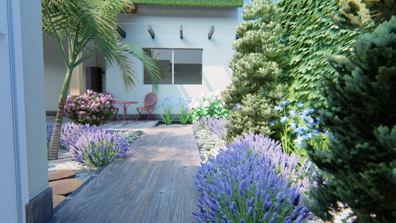 Decked path flanked by masses of flowering lavender, a palm and a pink shrub before the white window façade
