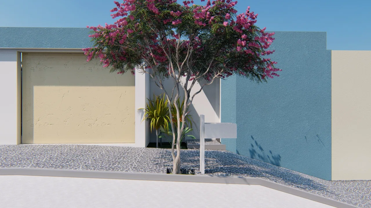 Entrance with a pink-flowering tree before a blue and beige wall, pale stone paving and a small foliage bed