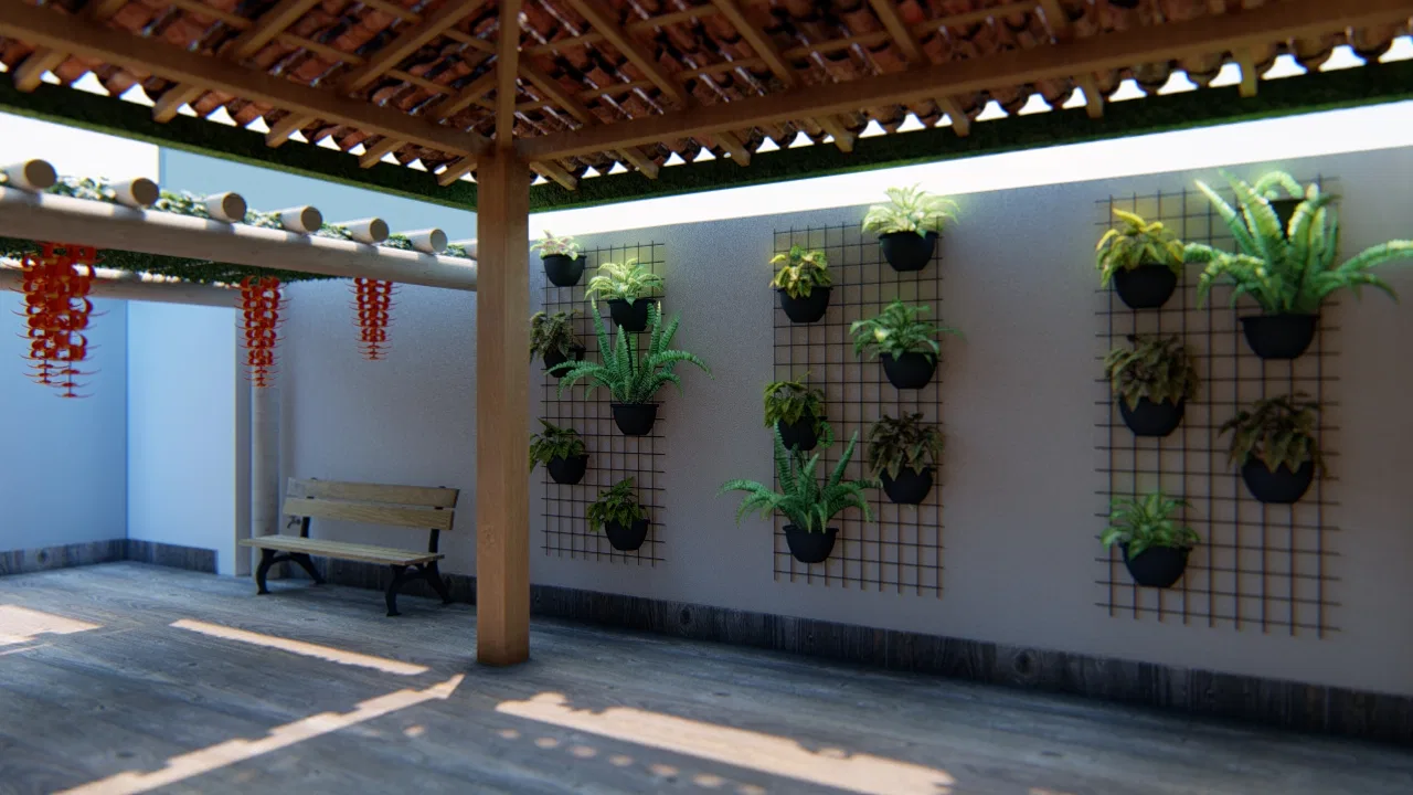 Covered area with a fern vertical garden in black pots on a trellis, a wooden bench and a bamboo roof