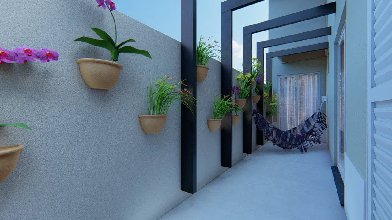 Narrow side corridor with ceramic wall-mounted pots, orchids and grasses, and a hammock slung at the far door