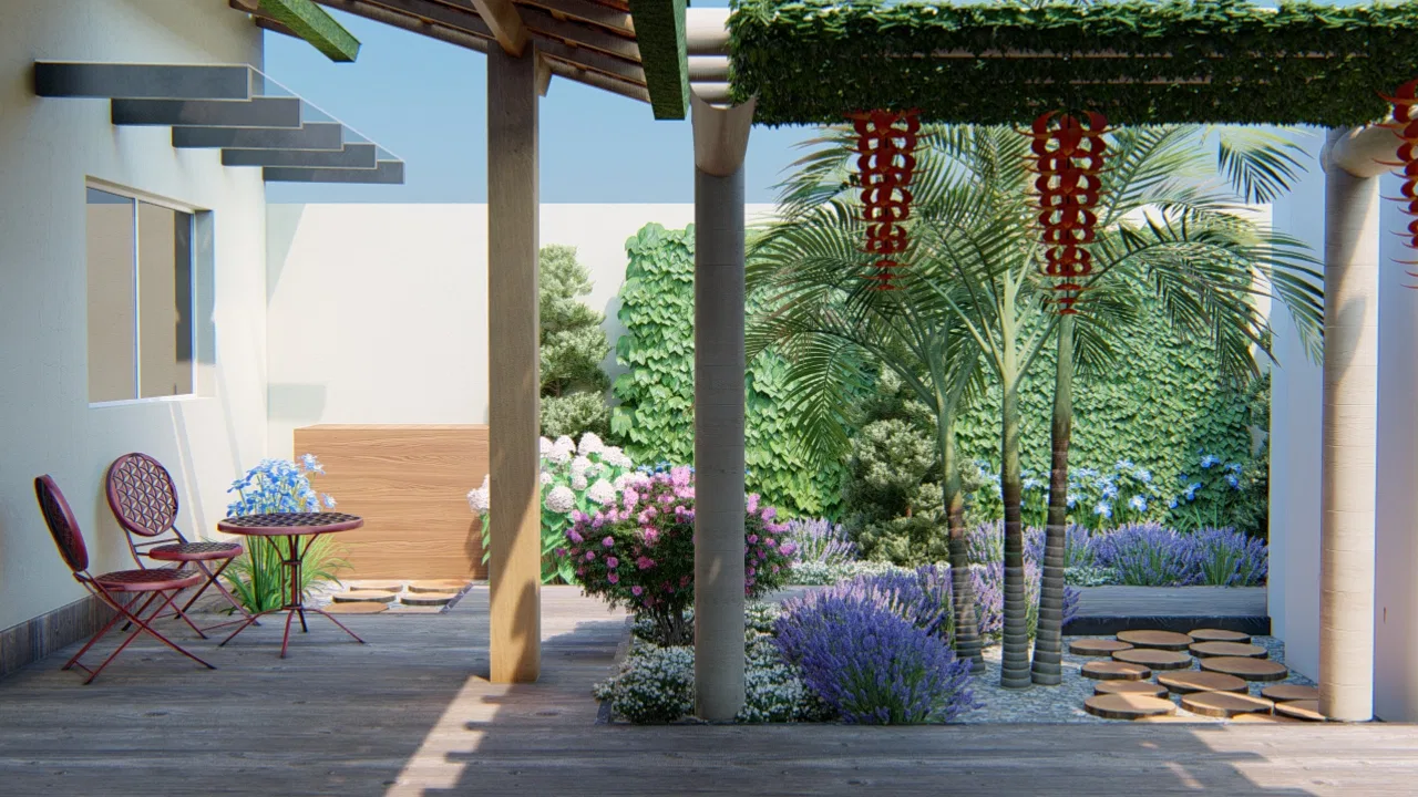 Timber deck under a pergola covered by a climber, with a red table and chairs, lavender beds and palms beyond