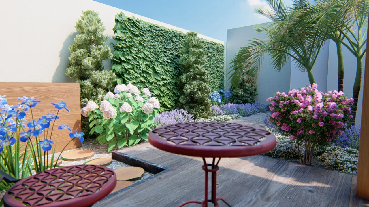 Corners with a green foliage wall, white hydrangeas and blue flowers, and red bistro tables on the timber deck