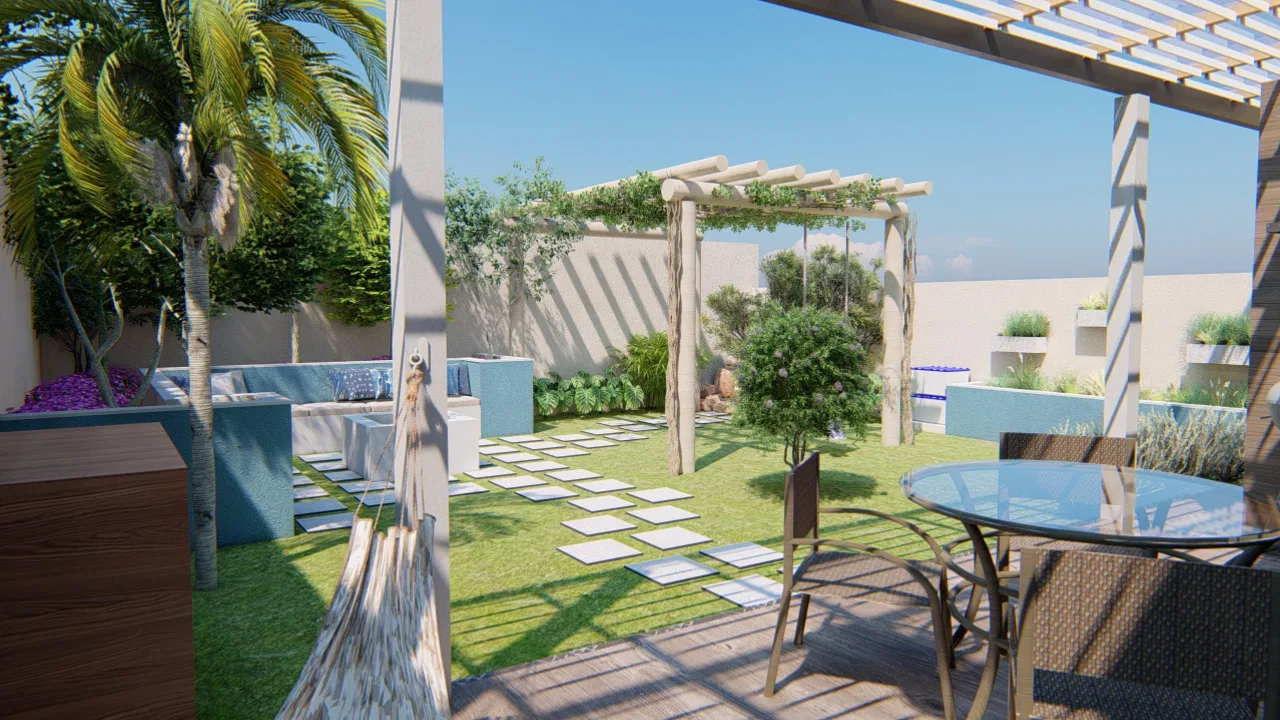 Leisure area with a pergola, lawn and stepping-pad path, a cushioned bench and a glass table with rattan chairs