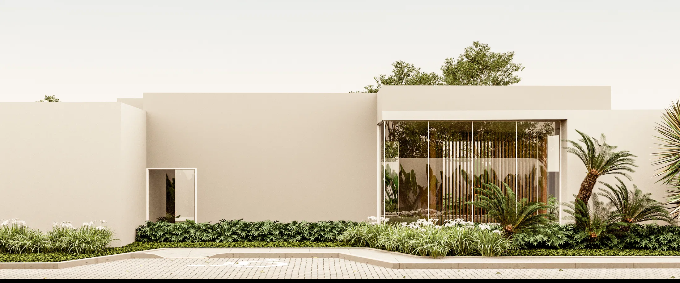 Close-up of the glazed entrance with a wood structure behind it, surrounded by palm trees and planting beds