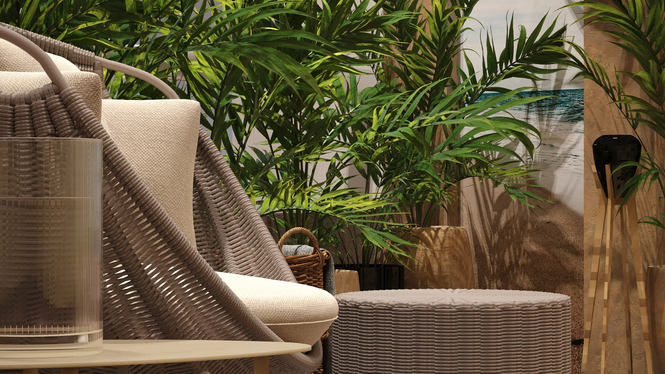 Close-up of the chair with a knitted throw and glass hurricane lamp, set against foliage and a beach photographic backdrop