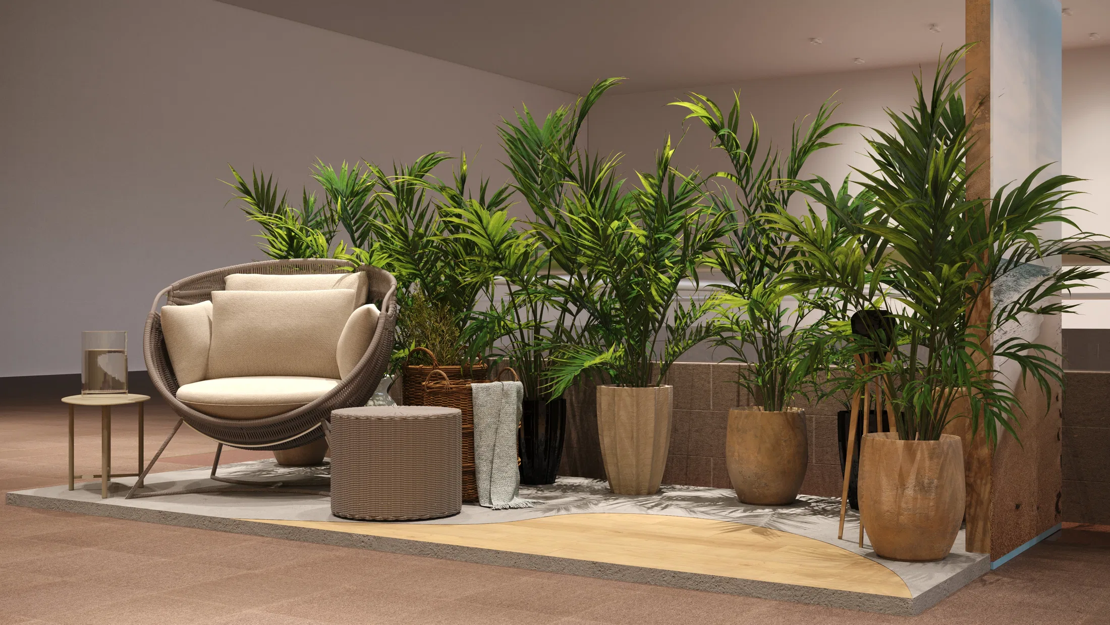 Side view of the same setting: woven chair, cylindrical pouf and a row of potted palms in varied planters beside a column