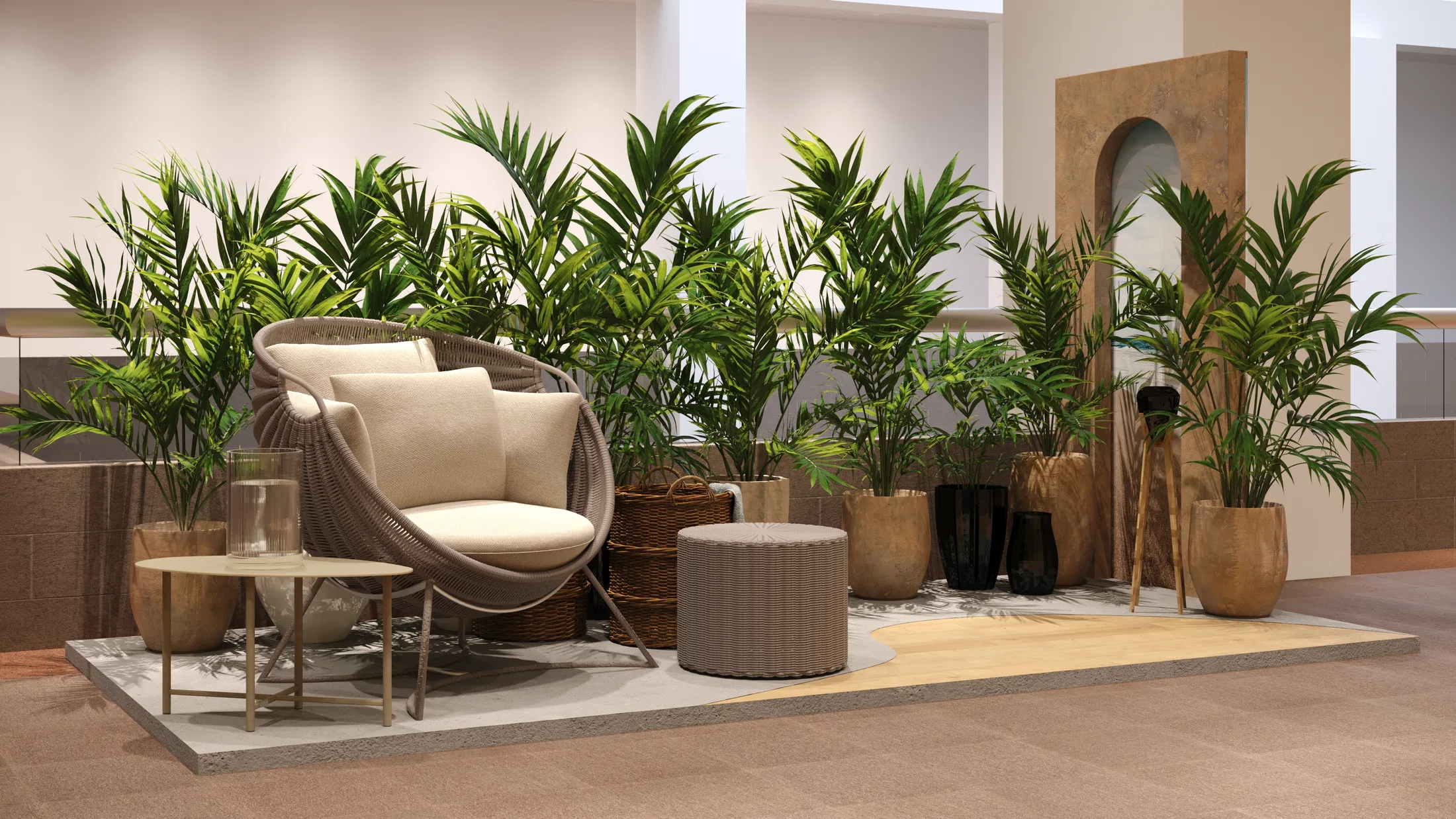 Rounded woven lounge chair with cream cushions and a glass side table, framed by potted palms on a raised wooden deck