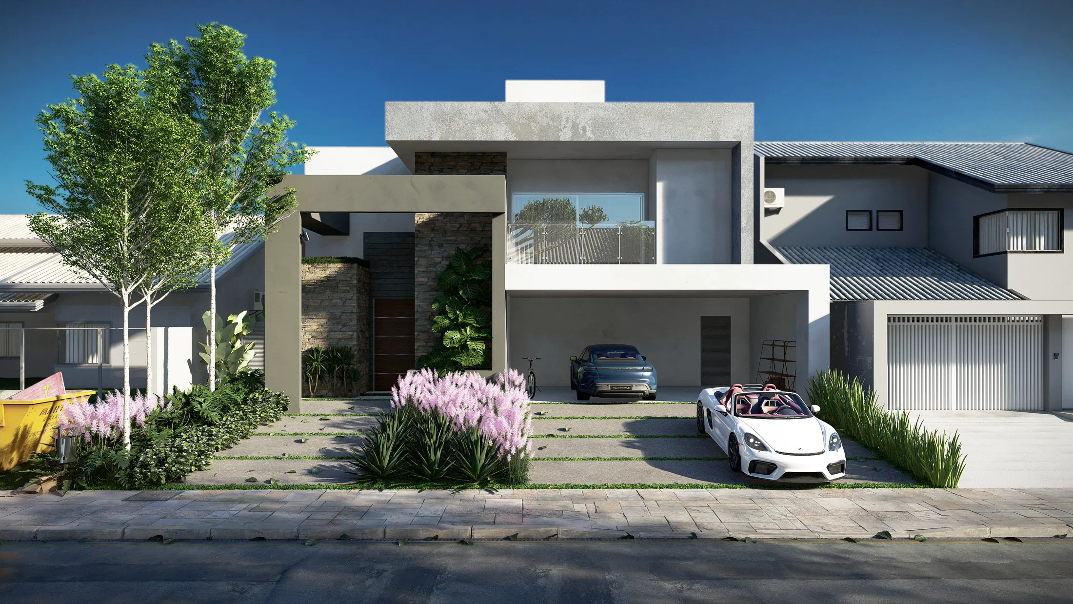 Contemporary residential facade with a flowering entry garden and two cars parked in the driveway