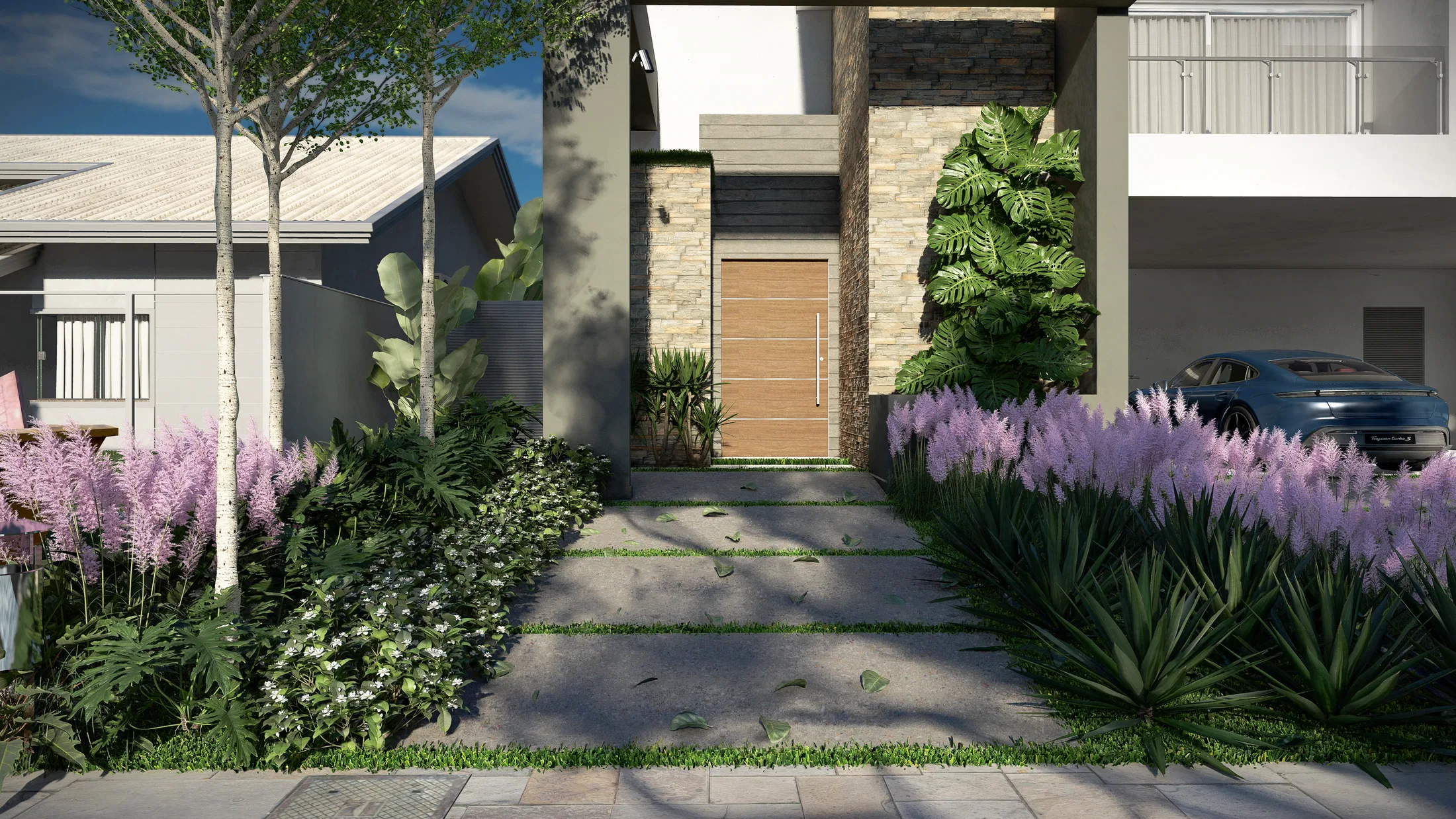 Wood entry door framed by stone cladding, with agapanthus and lavender beds on both sides