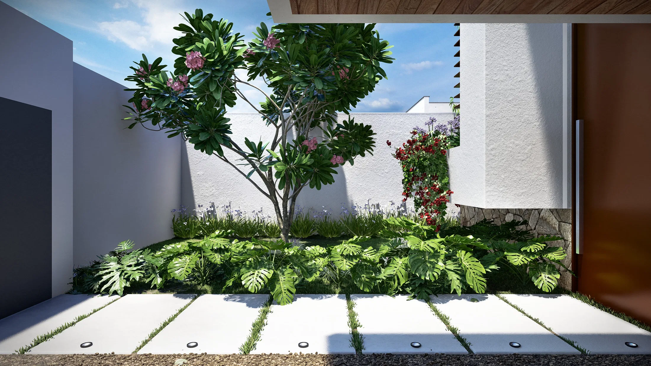 Entry patio with a pink-flowering tree against a white wall, cut-leaf ground cover and large pavers with grass joints