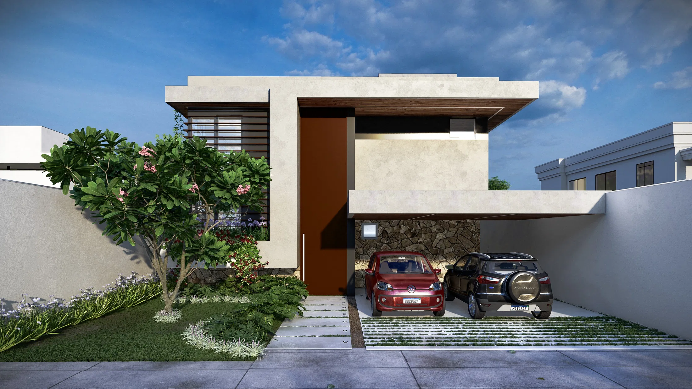 Earth-toned facade with a horizontal slab, wooden brise and a two-car garage beside a flowering tree and agapanthus