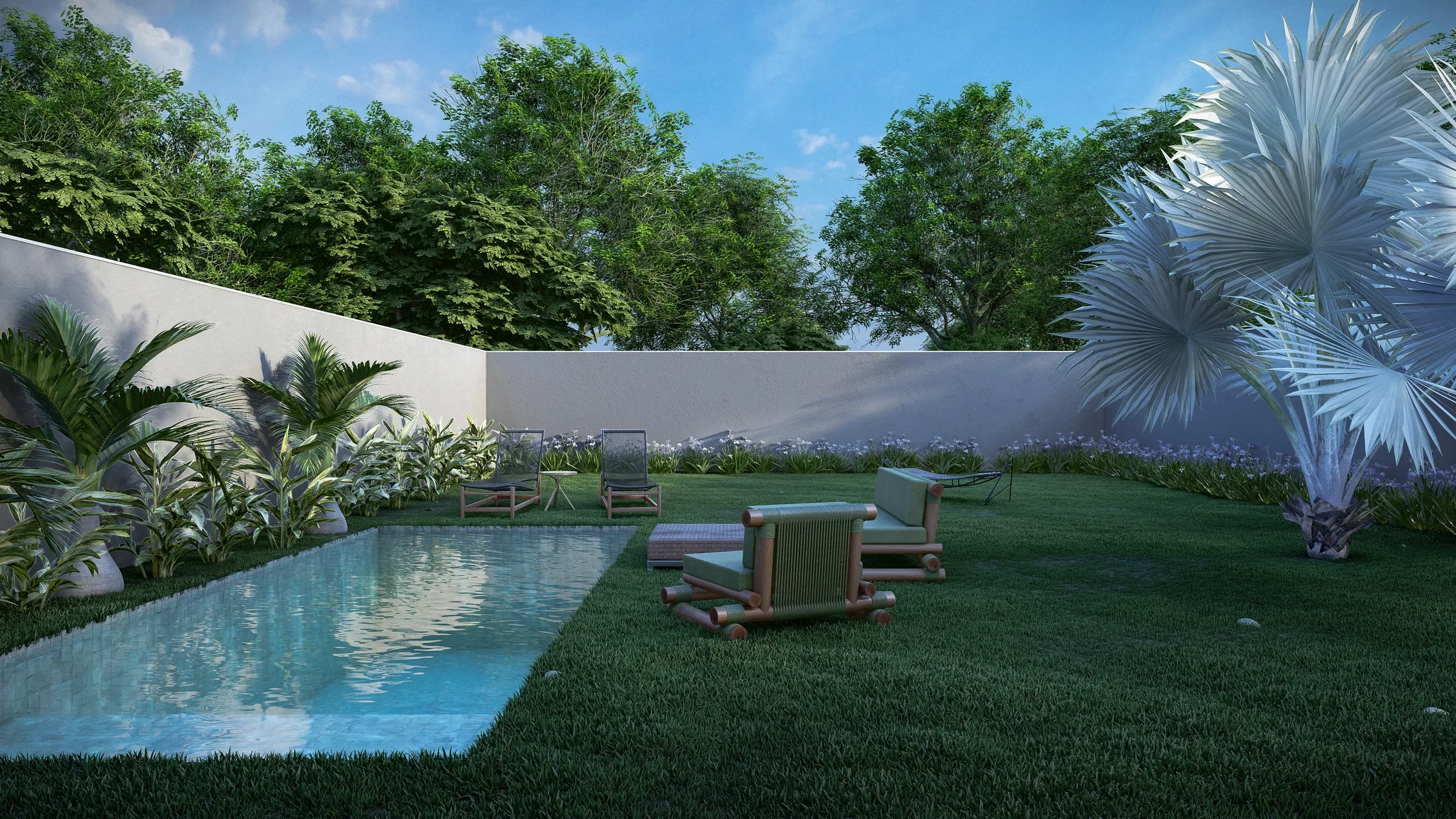 Backyard at dusk with a slim lawn pool, wooden daybeds, a silvery fan palm and a mass of trees along the wall