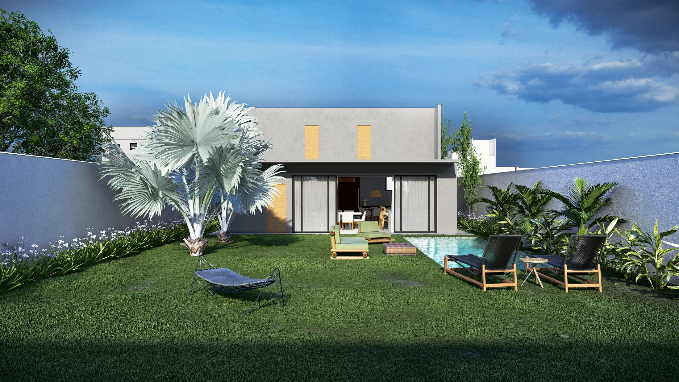 Rear of the single-storey house with open glass doors, a silvery fan palm, a hammock and a long pool with loungers