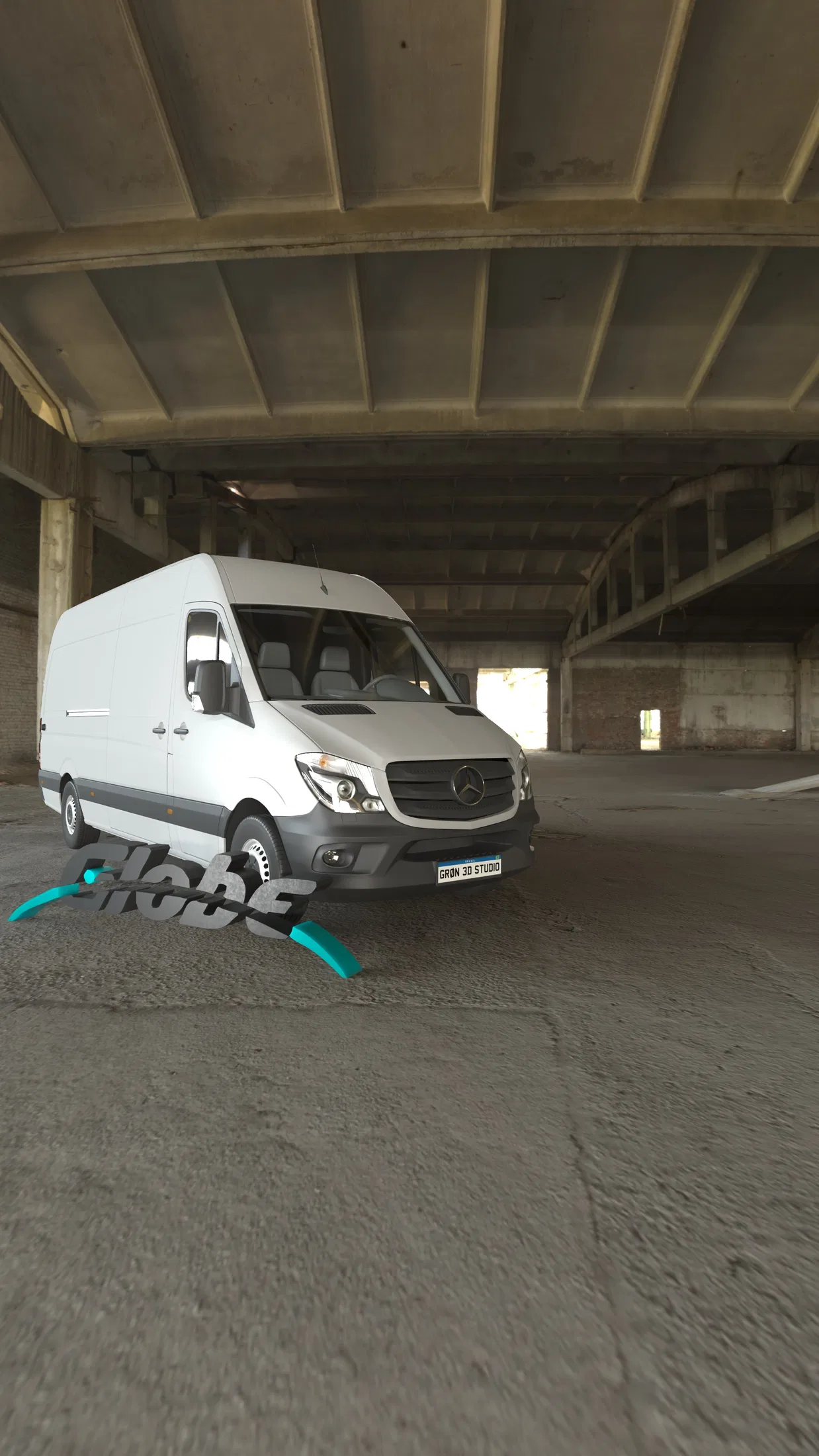White van in a closer frontal view, grille and bumper in focus, inside the same concrete warehouse with openings visible in the background.