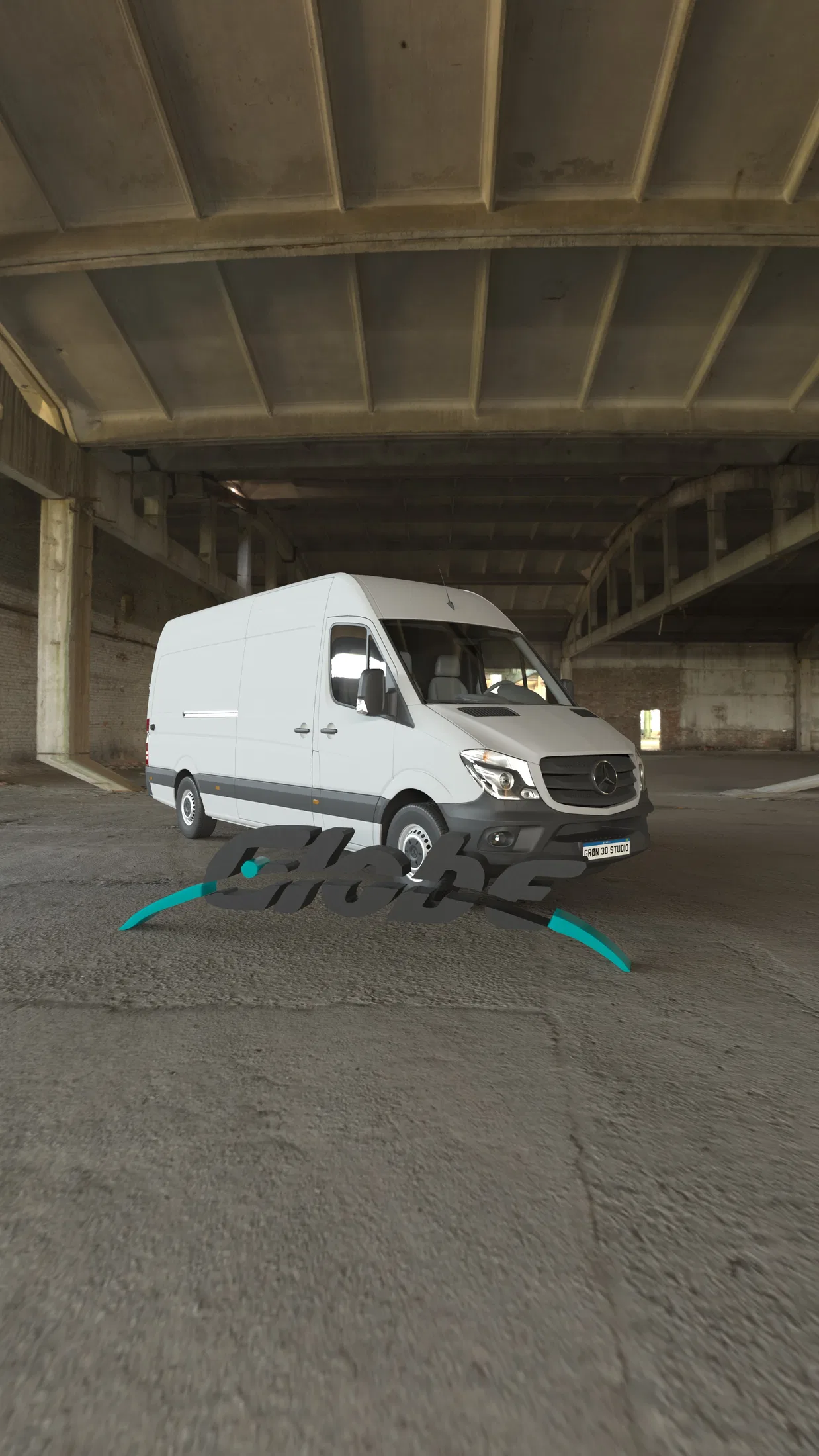 White van shown from a three-quarter front angle, parked under a vaulted bare-concrete ceiling with curved beams inside an industrial warehouse.