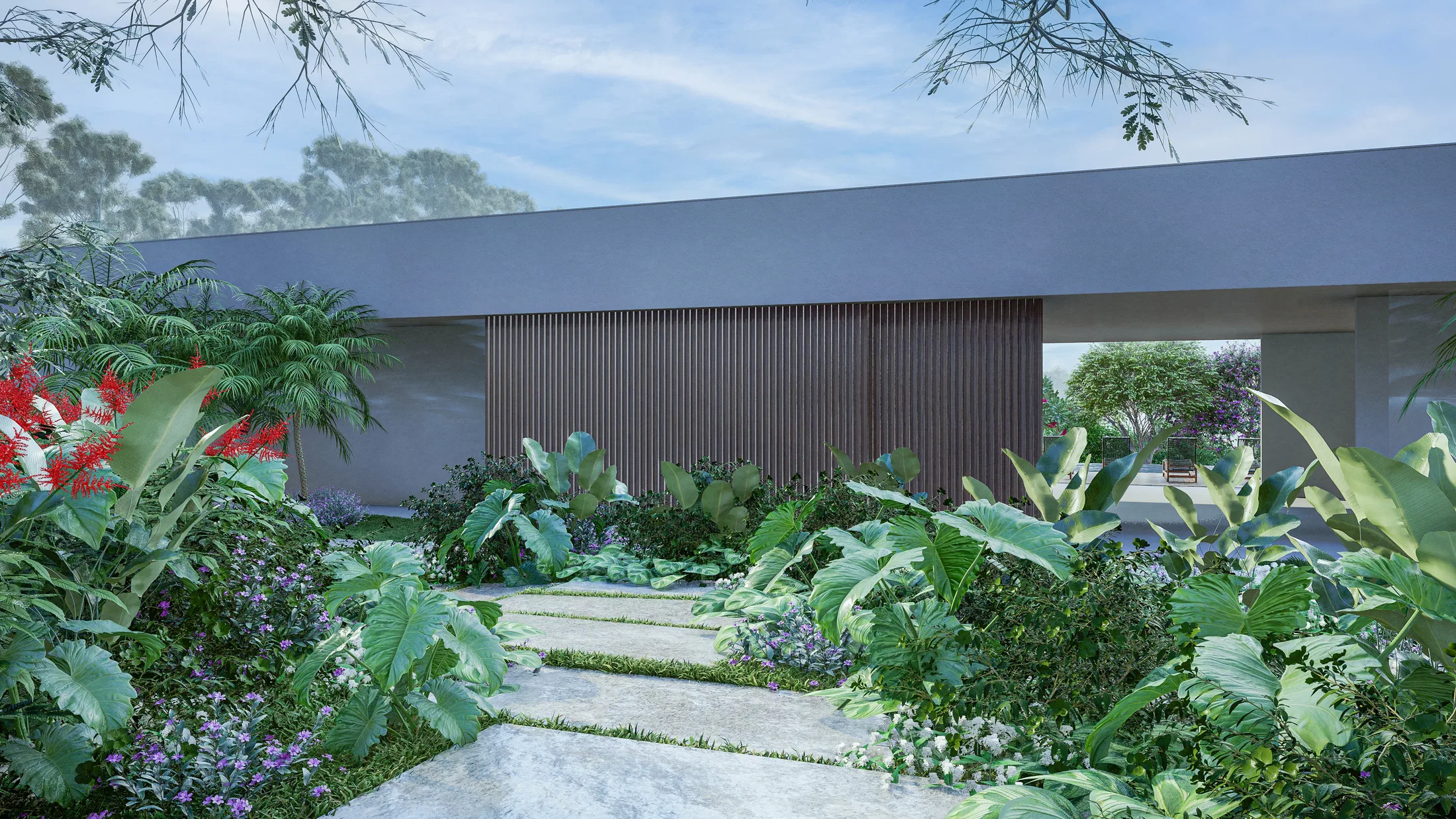 A stone walkway leading to a modern timber-slat house, amid tropical foliage and a red-flowering plant, in cool light.