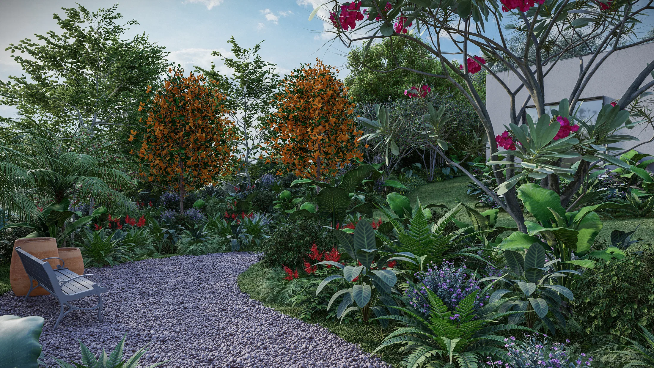 A pebble path winding through a tropical garden, with orange-flowering trees, magenta bougainvillea and a timber bench on the left.