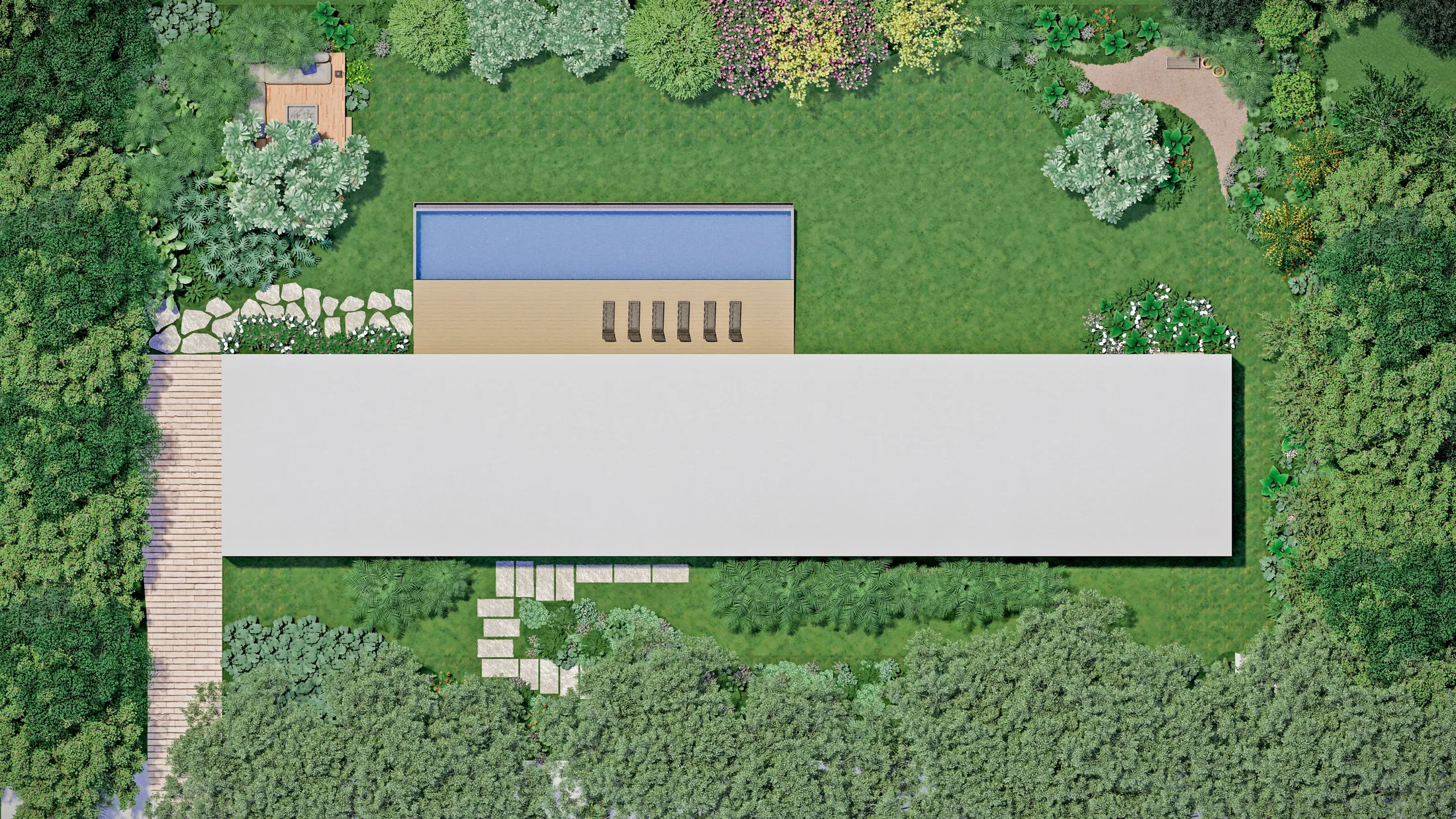 Top-down view of the plot plan, showing the rectangular house with pool, lawns, stone paths and dense planting along the edges.