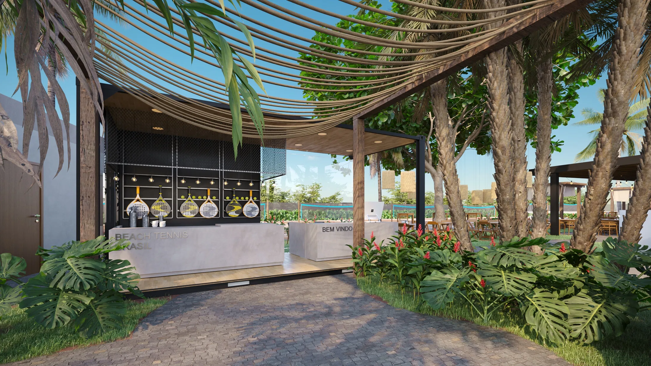 Reception with a curved slat pergola, a concrete counter signed with a welcome and spherical pendants, framed by monstera and heliconia