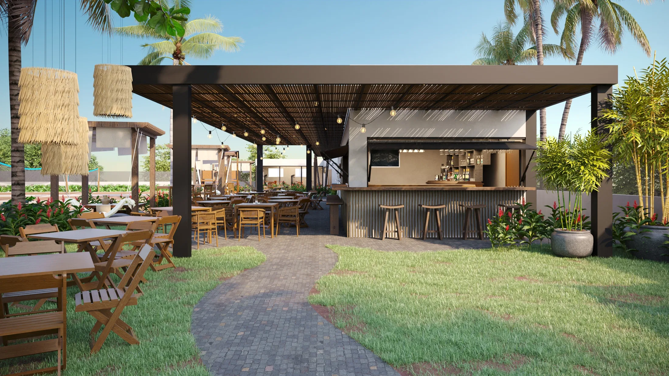 Slat-and-bamboo roofed pergola over a bar with high stools, a winding stone path on the lawn and fiber pendant lamps at dusk