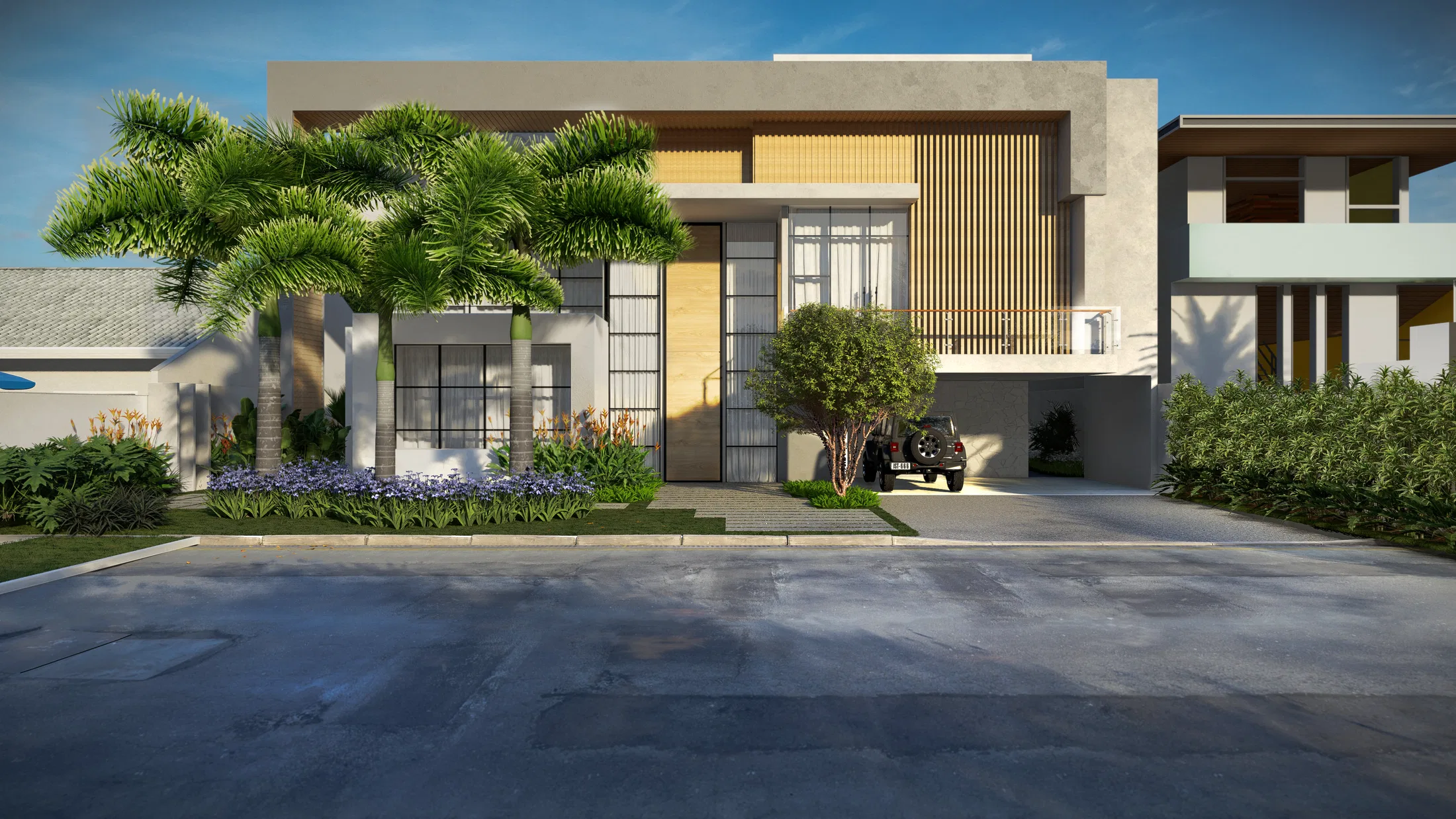 Two-storey residence facade with sculptural palms, purple flowering shrubs and grasses in the front garden and a vehicle in the carport