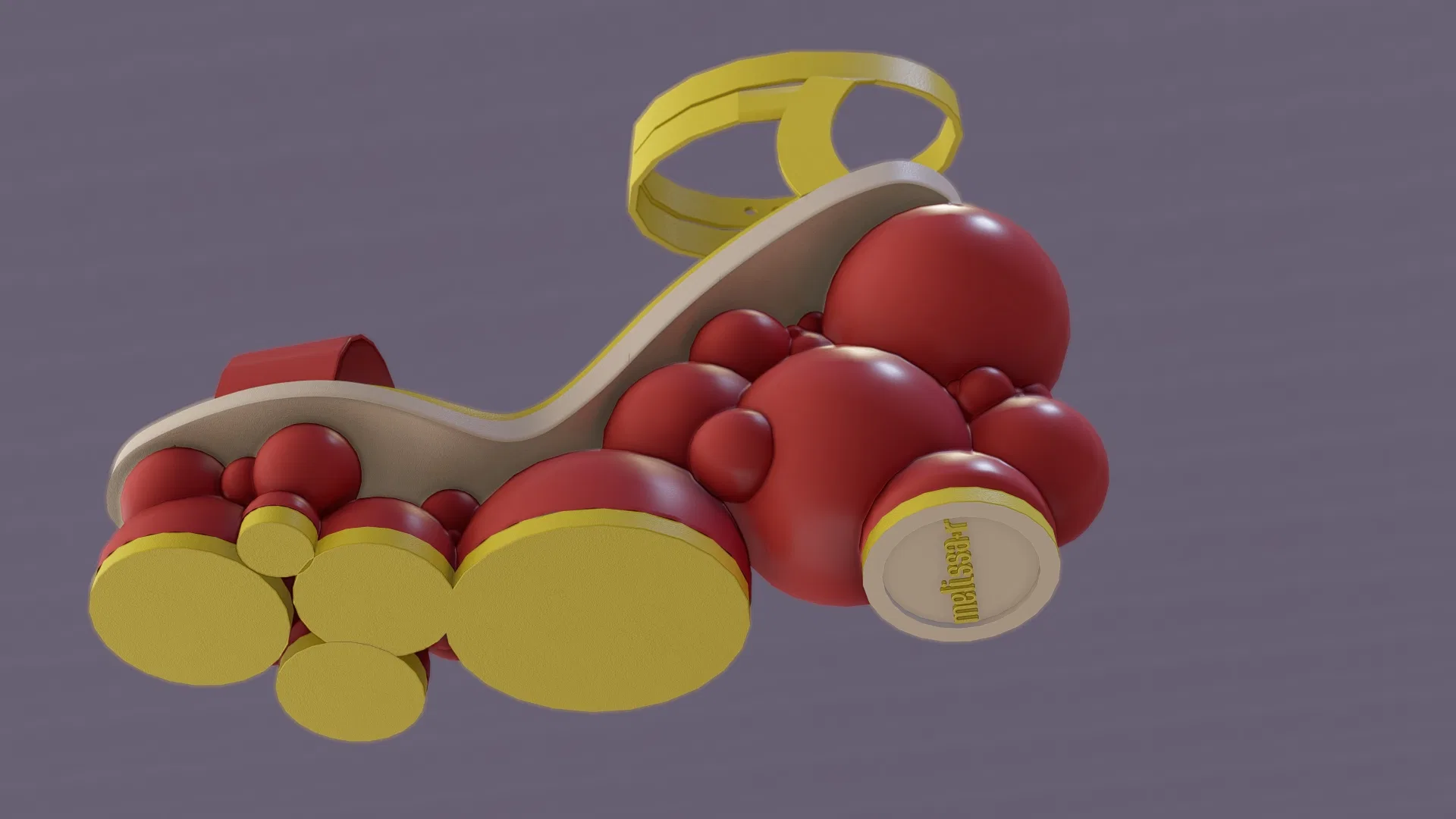Sandal shown from a raised side view, highlighting the volume of the red sole spheres and the oval tag attached to the yellow base.
