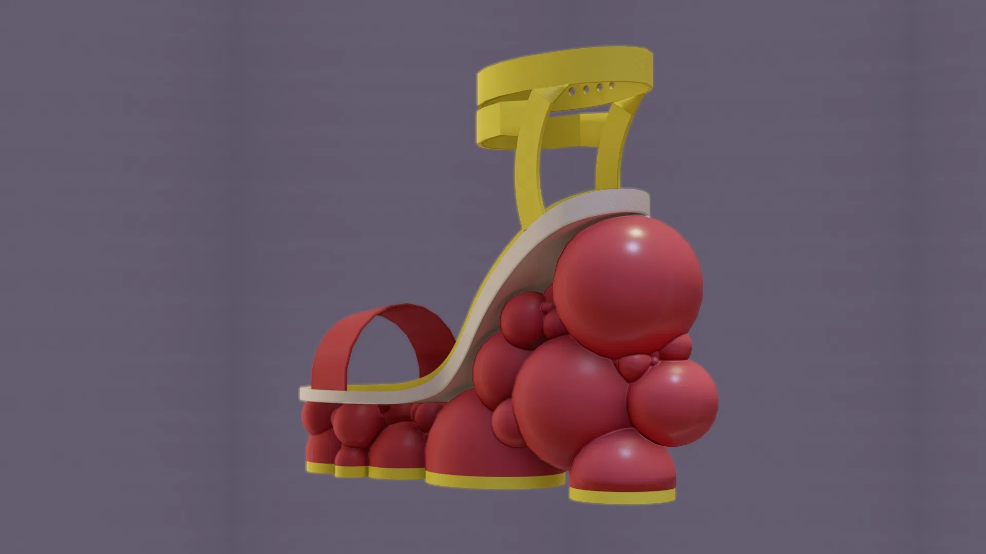 Sandal shown from a full rear angle, revealing the red sphere sole running from heel to toe and the yellow strap at the top.