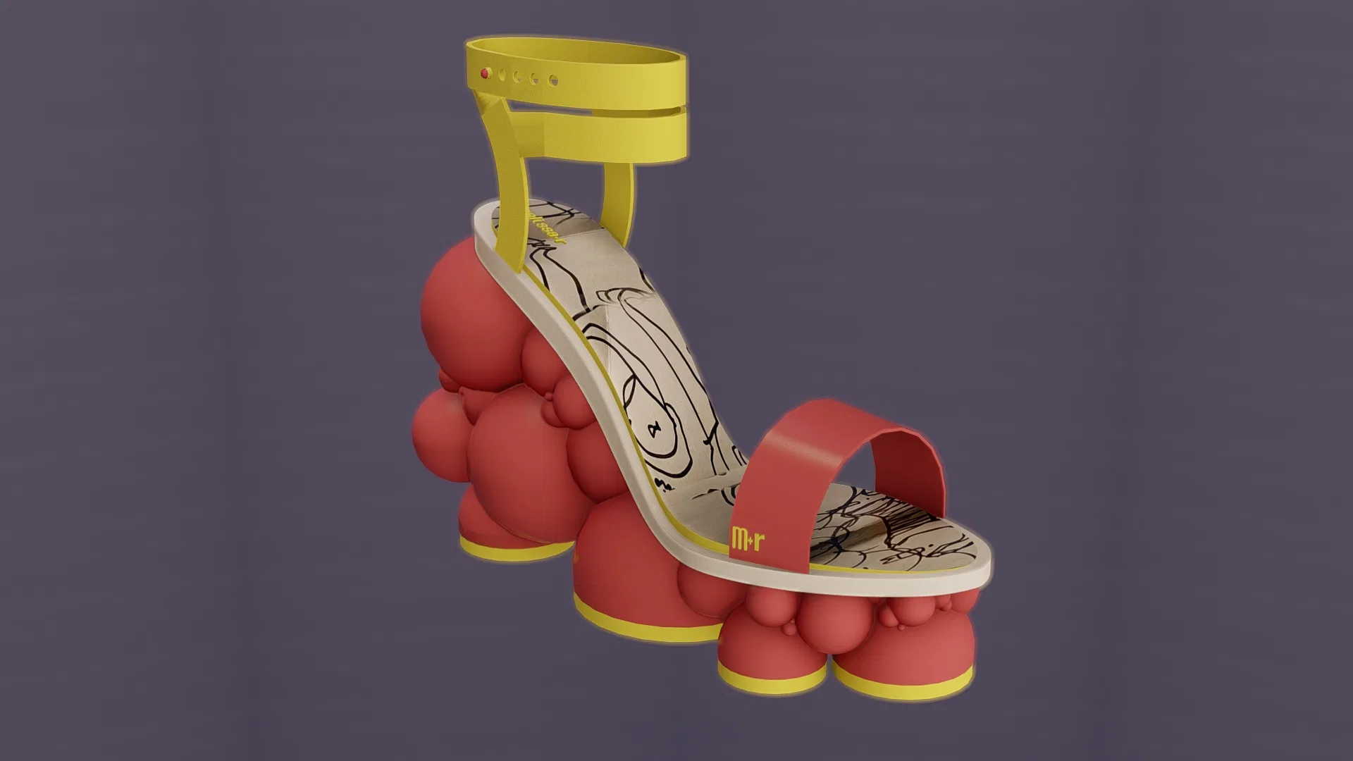 Platform sandal shown at a three-quarter angle, with a rigid yellow ankle band, a sole of clustered red spheres and a red front strap.