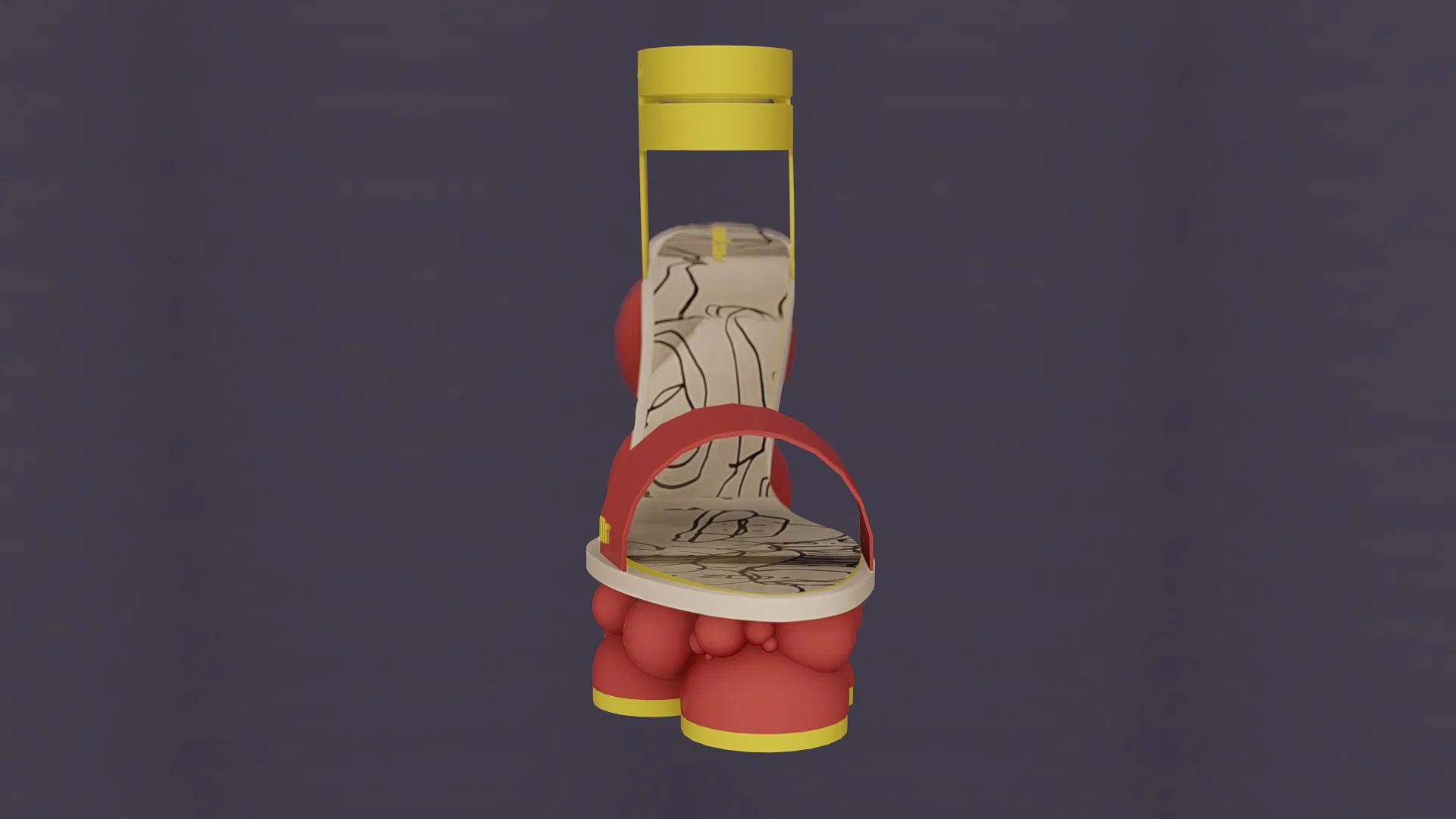 Sandal viewed from behind, highlighting the vertical yellow strap attached at the heel and the red curved sole formed by overlapping spheres.
