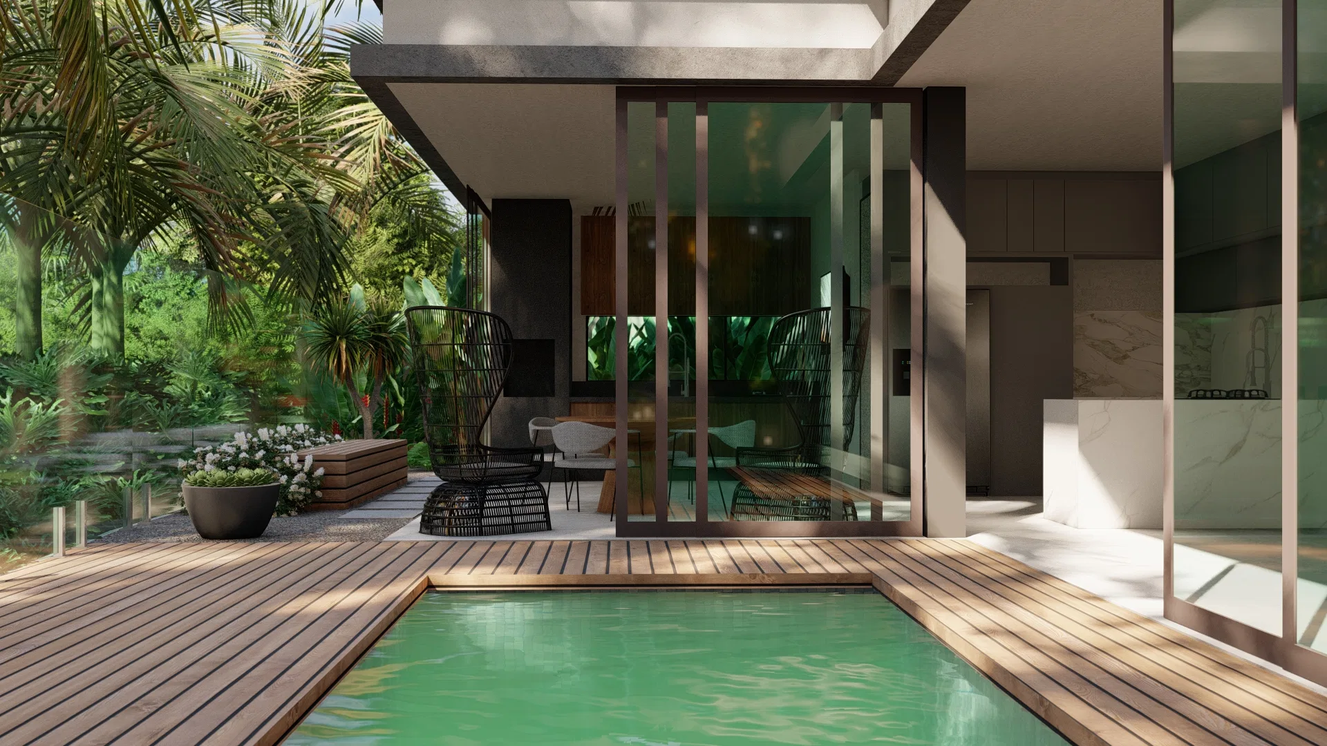 Architectural visualization of White Residence with Yellow Ipê Entrance and Bedroom-and-Bath Indoor Gardens — GRON 3D