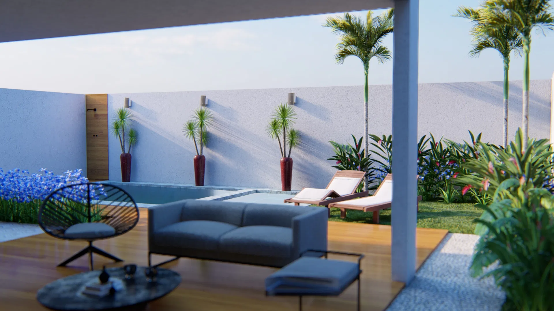 Outdoor lounge with a sofa and an armchair under a ceramic-tile pergola, overlooking the pool and palm garden