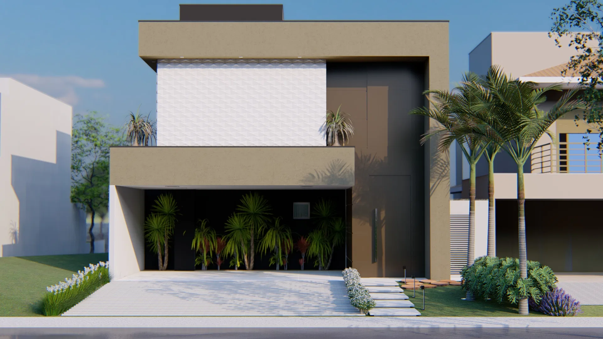 Street-facing facade with a cluster of palms and coconut trees along the wall and a columned entrance portico with glass doors