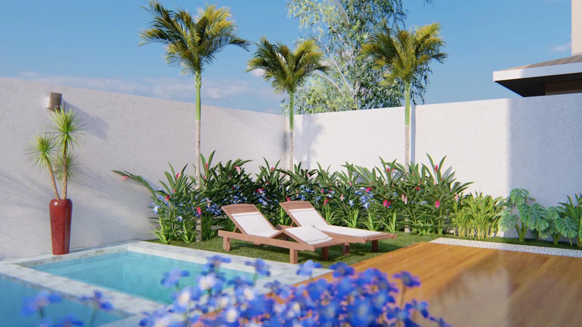 Pool with a marble deck, red pots holding palms and a ceramic-tile pergola in the background, protected by a glass railing