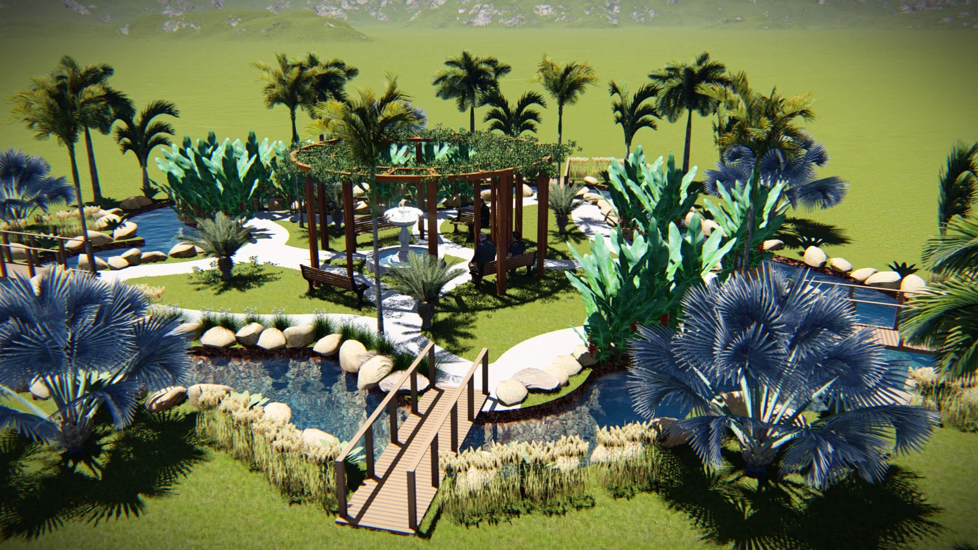 Lower angle of the same garden, with an octagonal timber pergola on the island, a fountain, a lake bridge and blue palms among rocks