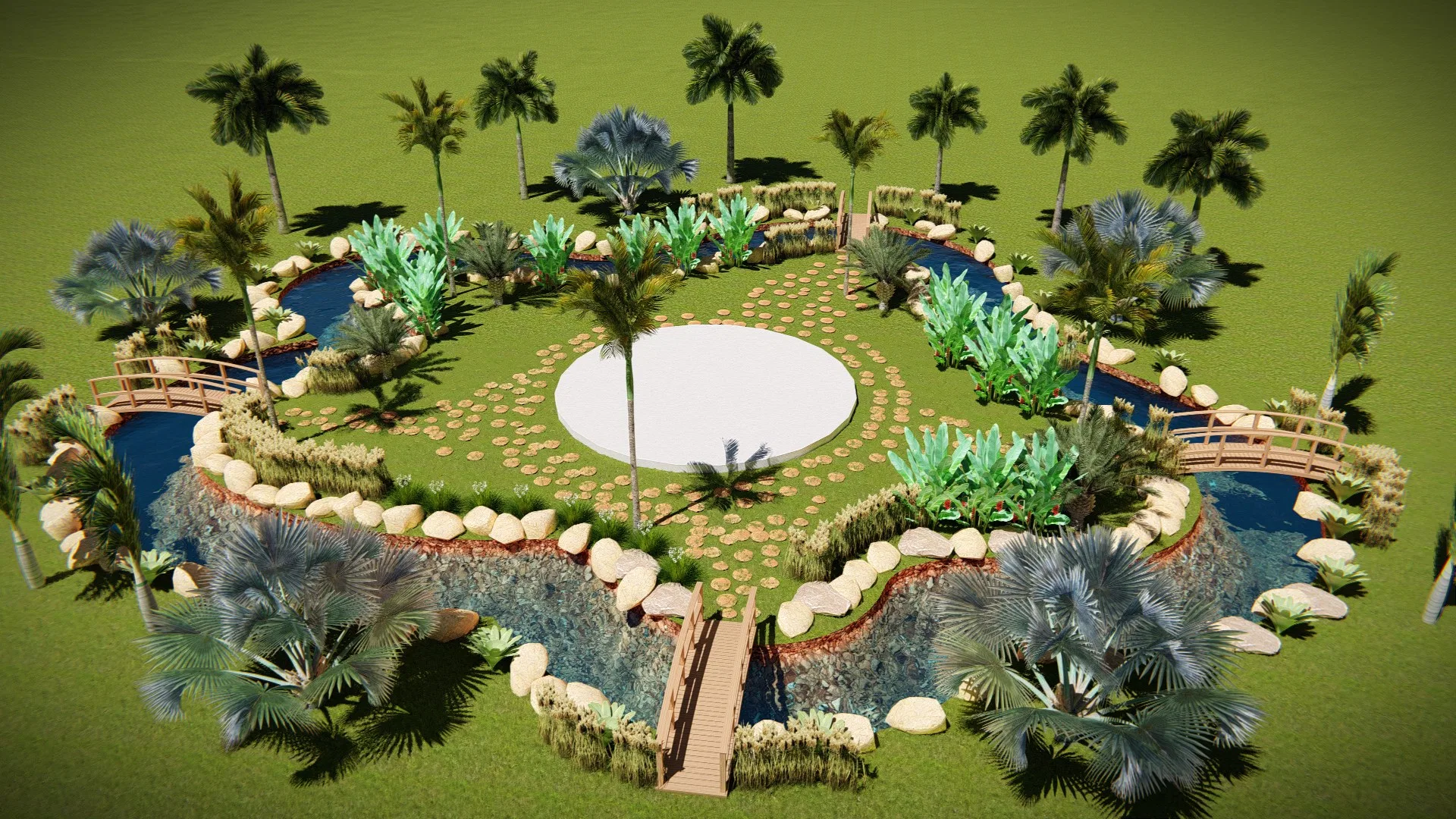 Aerial view of a circular garden with a winding lake, a pale-paved central island among palms, timber bridges and stone paths ringing the water