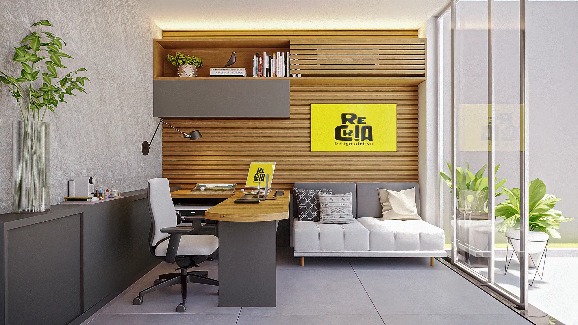 Home office with a wooden slatted panel, floating shelf, a work desk with a white chair and a light sofa beside a glass wall with plants