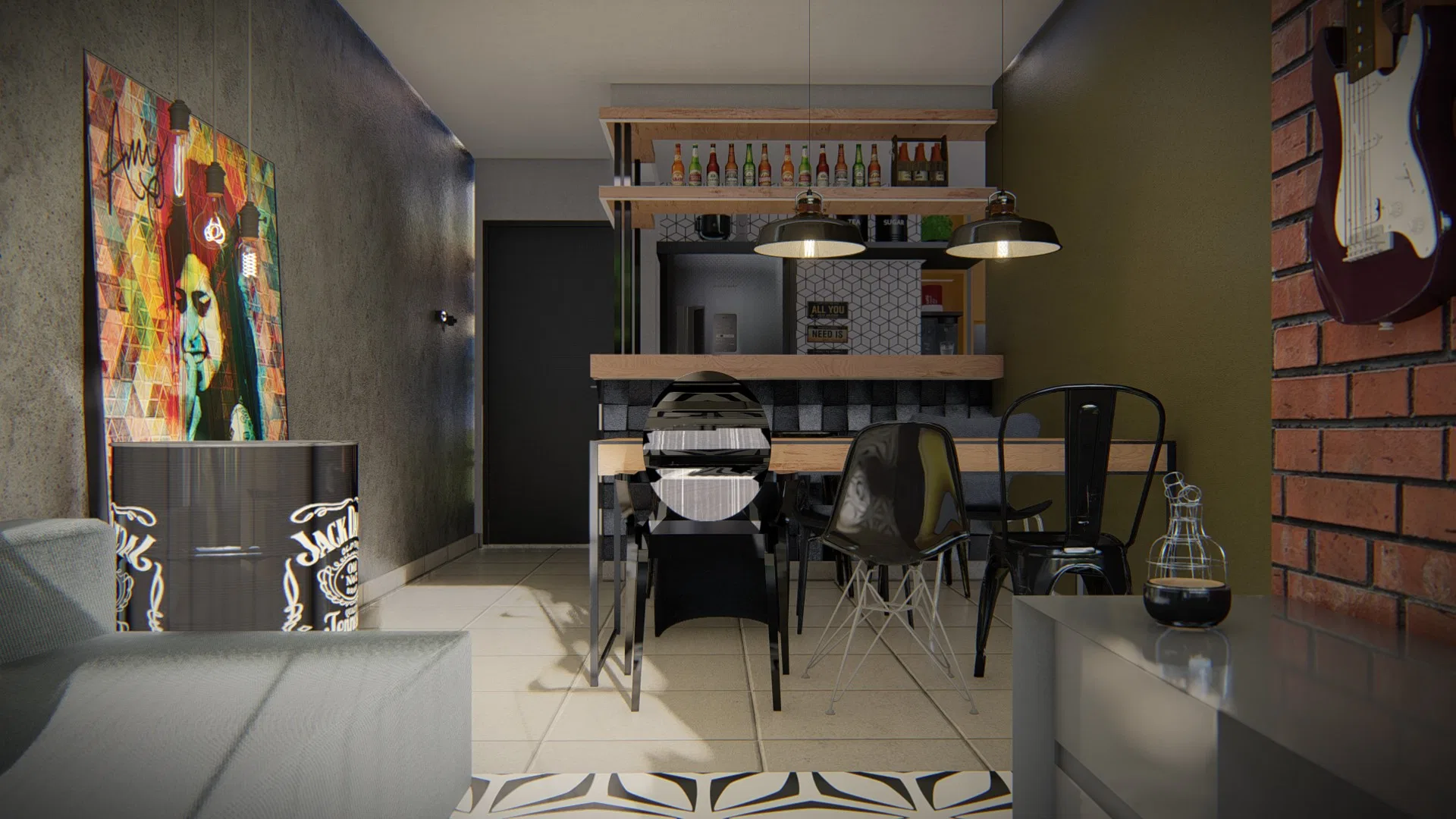 Dining area with a timber table and mixed chairs, pendant lamps, a colourful pop artwork and a black drum barrel used as a side table