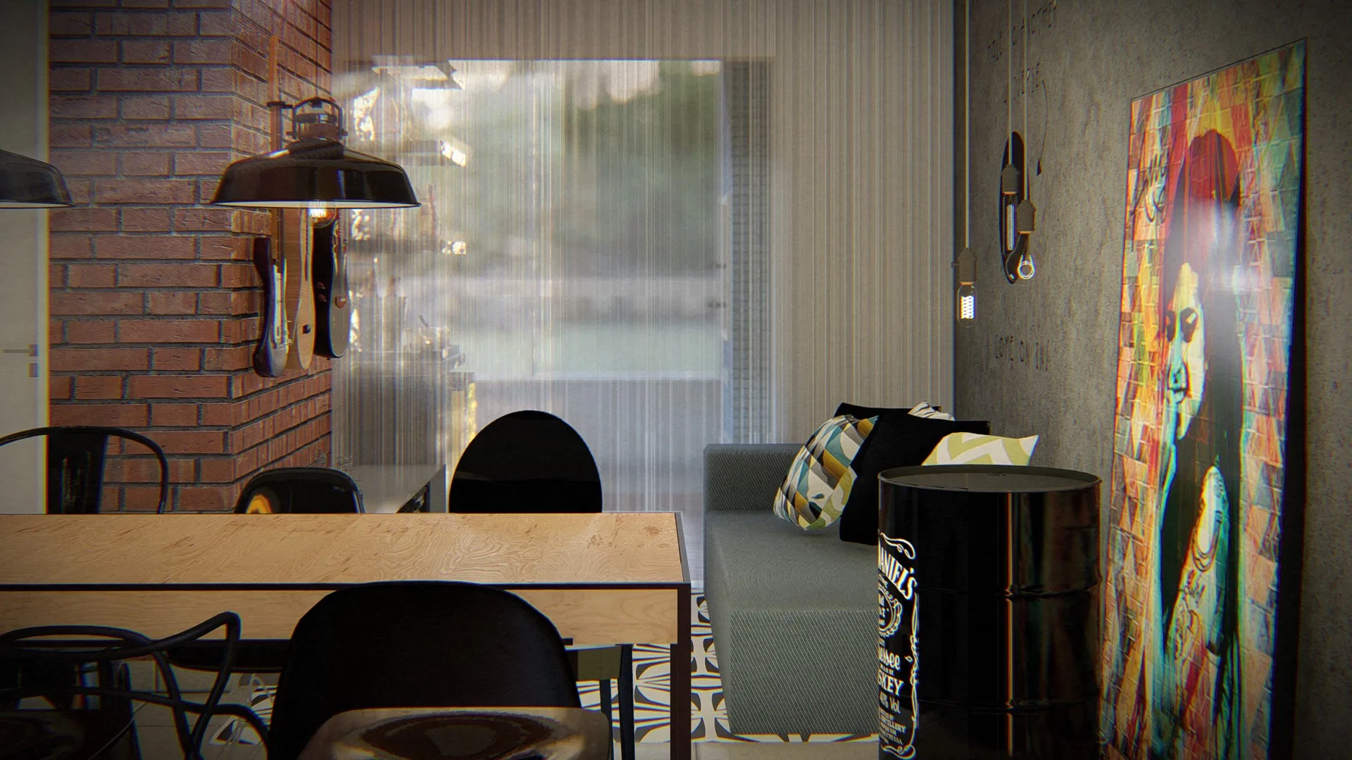 Living area merging with the dining space, with a grey sofa, a black barrel side table, a colourful artwork and a curtained window facing the garden