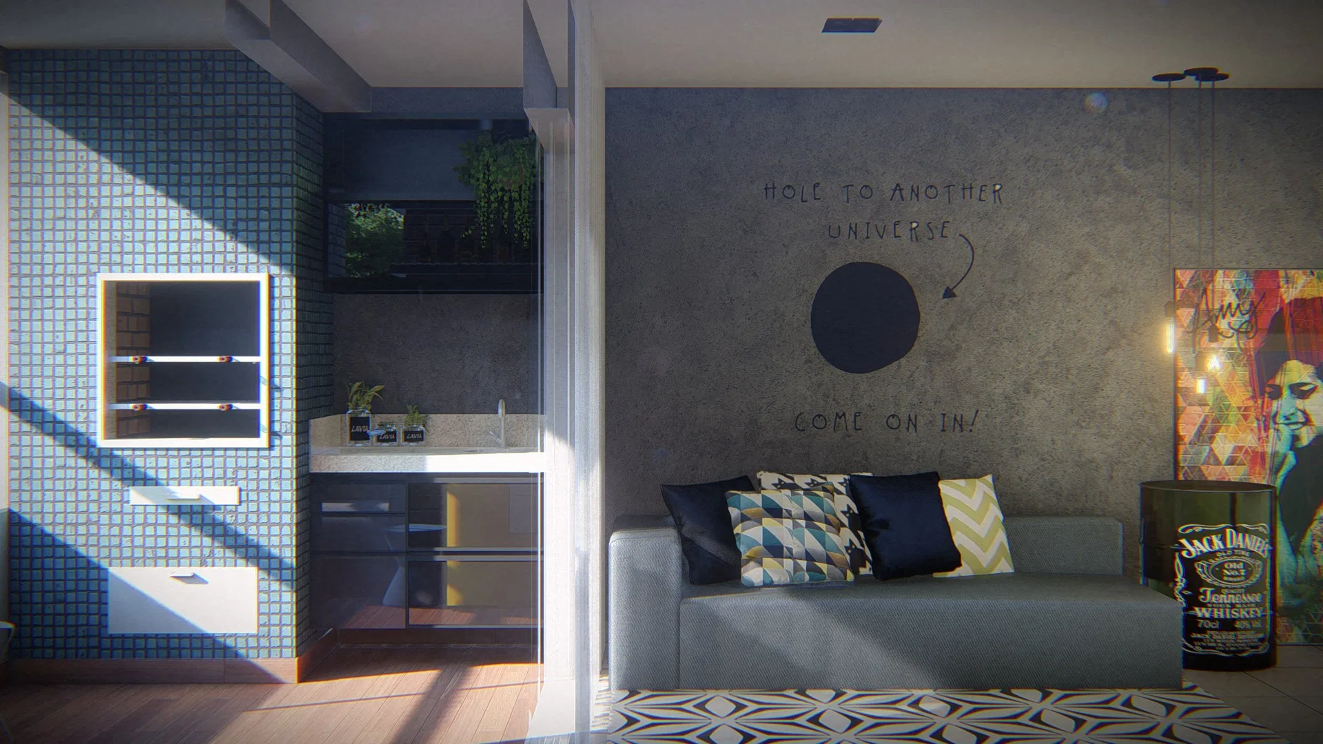 Living room with a grey sofa before a painted concrete wall and a mosaic-tiled service area lit by daylight