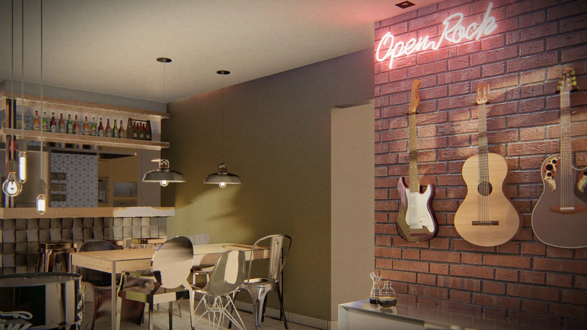 View of the bar and dining table under dark pendants, with the neon sign and guitars on the brick wall to the right