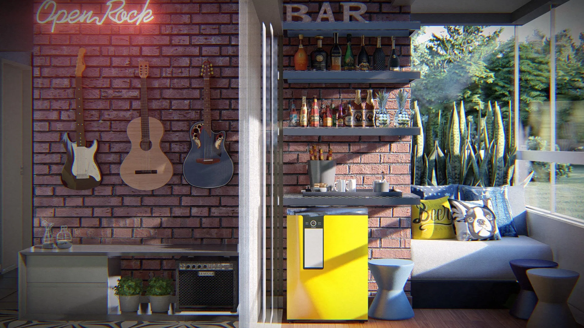Lounge corner with a brick wall, an Open Rock neon sign and guitars, beside the bar with a yellow mini-fridge and a padded bench by the window