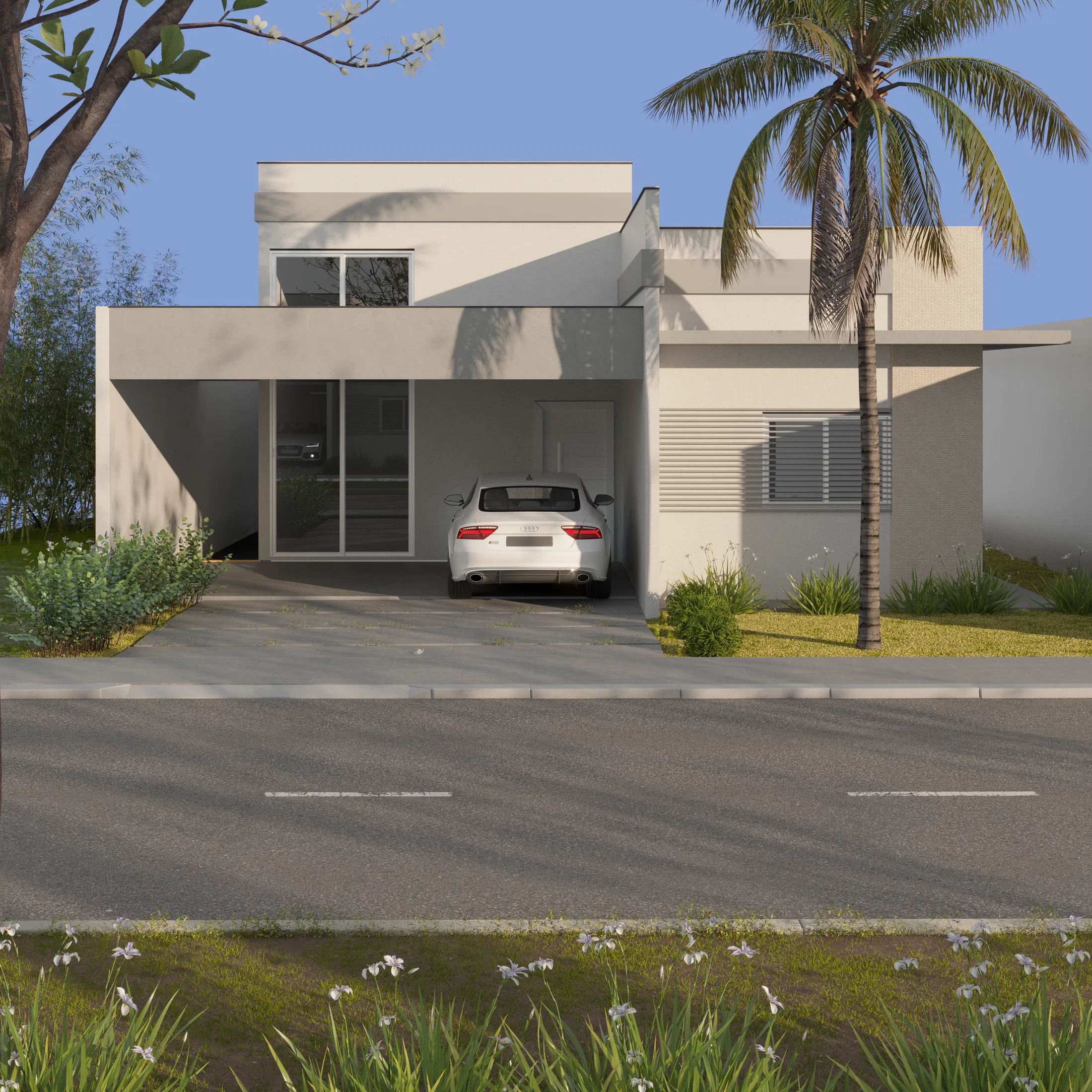 Frontal view of the house with a white car under the carport, a large glass door, a screen element and a central palm above a flowering bed