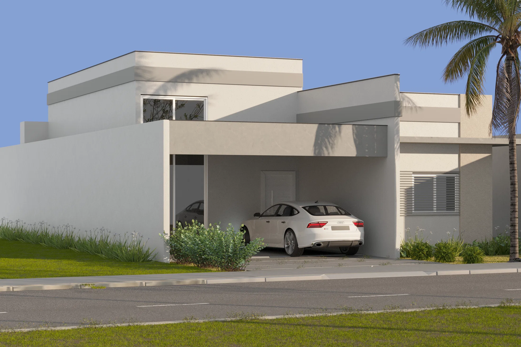 Pale modern facade seen from an angle, with a covered carport sheltering a white sedan, straight walls and a tall palm to the right