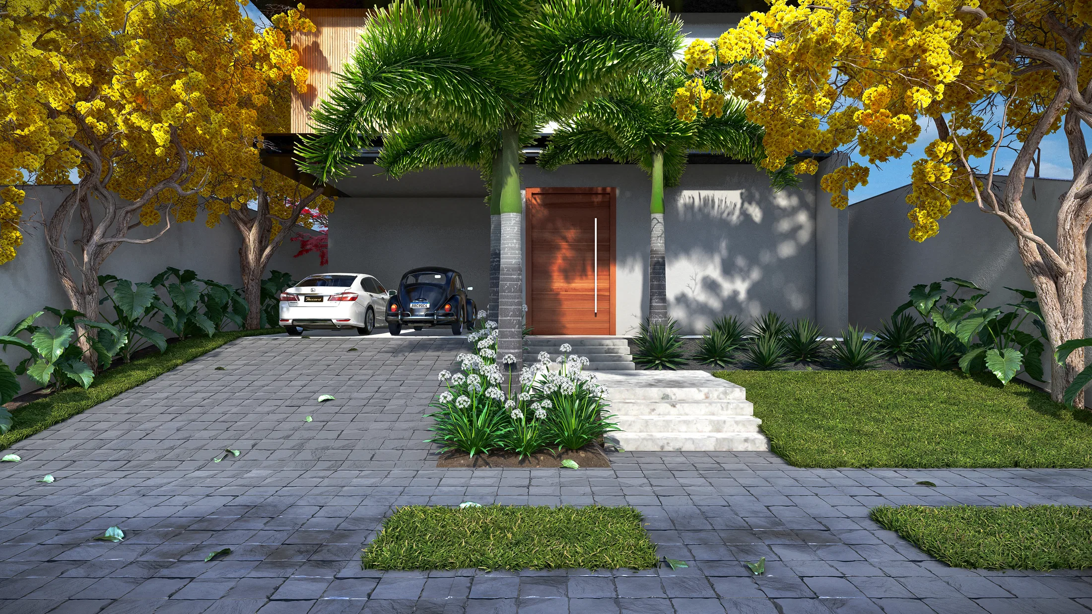 Architectural visualization of Residence with Yellow Ipê Entrance, Begonias and Green-Curtain Pool — GRON 3D
