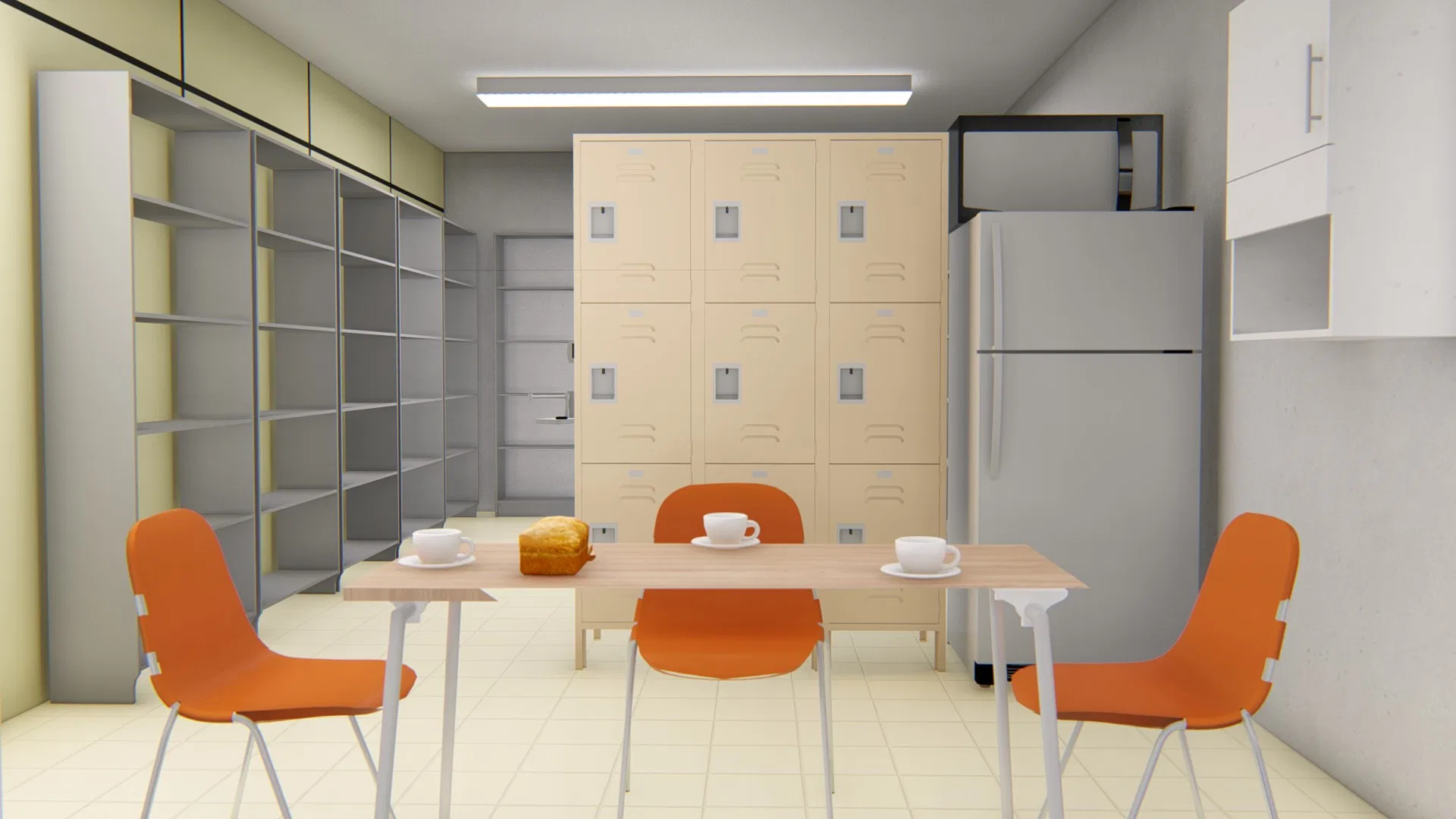 Break room and locker area with beige individual lockers, a white refrigerator and a meal table ringed by orange chairs beside gray shelving