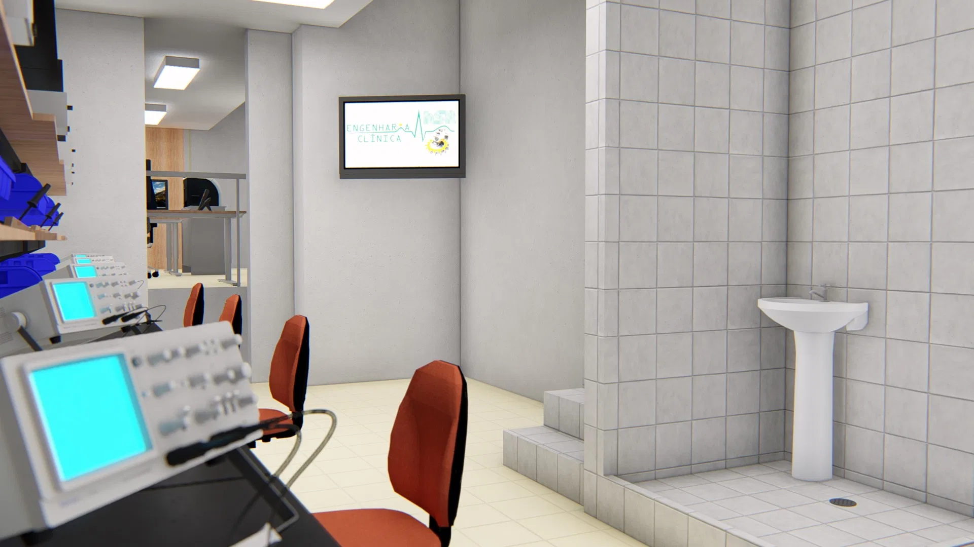Exam room with a bench of electromedical devices on blue-lit screens, terracotta chairs and a washbasin on a tiled platform