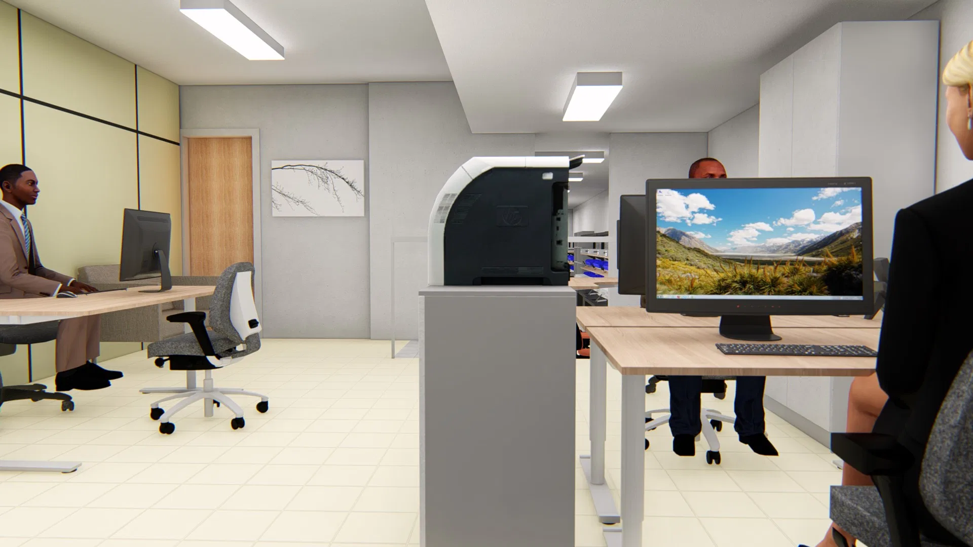 Administrative office in use, with staff working at desks with monitors, a central multifunction printer and acoustic wall panels