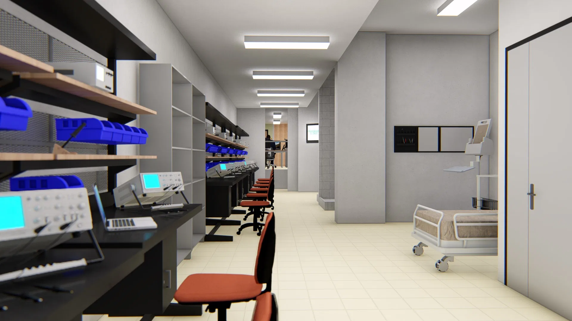 Technical workshop along a corridor, with black workbenches, shelves of blue bins and a hospital bed at the far end under linear lights